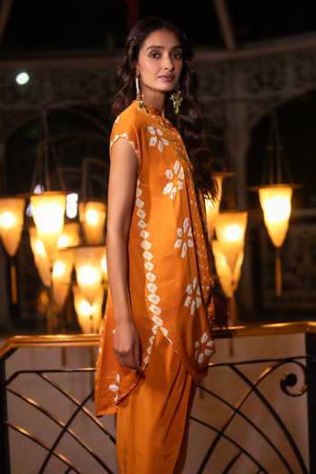 Dash And Dot Yellow Viscose Mandarin Collar Bandhani Cowl Draped Tunic Online at Aza Fashions Dash And Dot_Yellow Viscose Mandarin Collar Bandhani Cowl Draped Tunic _Online_at_Aza_Fashions