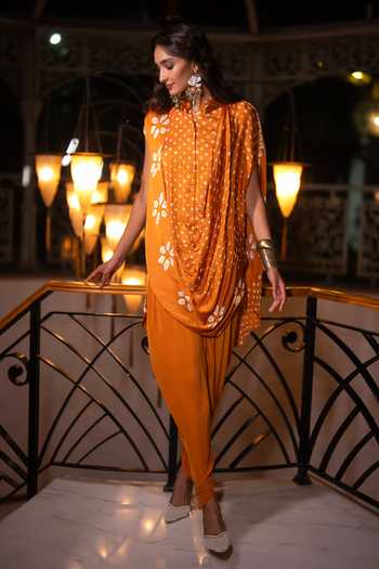 Buy Dash And Dot Yellow Viscose Mandarin Collar Bandhani Cowl Draped Tunic Online at Aza Fashions Buy_Dash And Dot_Yellow Viscose Mandarin Collar Bandhani Cowl Draped Tunic _Online_at_Aza_Fashions