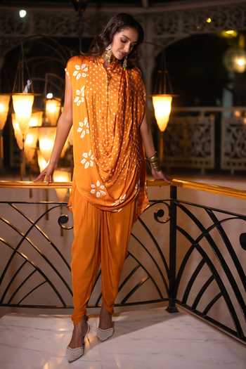 Shop Dash And Dot Yellow Viscose Mandarin Collar Bandhani Cowl Draped Tunic Online at Aza Fashions Shop_Dash And Dot_Yellow Viscose Mandarin Collar Bandhani Cowl Draped Tunic _Online_at_Aza_Fashions