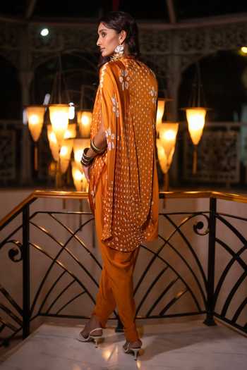 Dash And Dot Yellow Viscose Mandarin Collar Bandhani Cowl Draped Tunic at Aza Fashions Dash And Dot_Yellow Viscose Mandarin Collar Bandhani Cowl Draped Tunic _at_Aza_Fashions