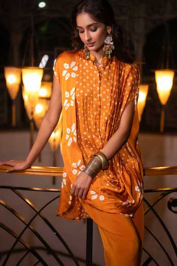 Buy Dash And Dot Yellow Viscose Mandarin Collar Bandhani Cowl Draped Tunic Buy_Dash And Dot_Yellow Viscose Mandarin Collar Bandhani Cowl Draped Tunic