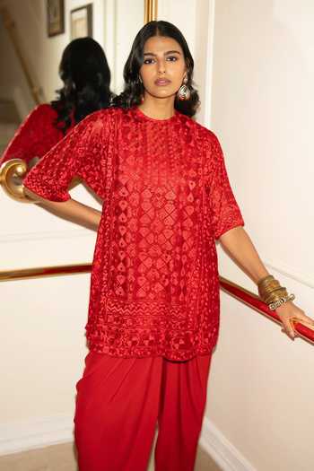 Dash And Dot_Red Viscose, Nylon Round Neck Embroidered Boxy Tunic And Tulip Pant Set _Online_at_Aza_Fashions