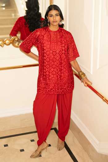 Shop_Dash And Dot_Red Viscose, Nylon Round Neck Embroidered Boxy Tunic And Tulip Pant Set _Online_at_Aza_Fashions
