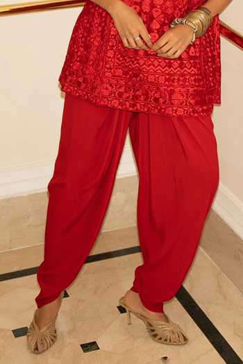 Dash And Dot_Red Viscose, Nylon Round Neck Embroidered Boxy Tunic And Tulip Pant Set _at_Aza_Fashions