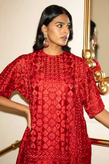 Shop_Dash And Dot_Red Viscose, Nylon Round Neck Embroidered Boxy Tunic And Tulip Pant Set 