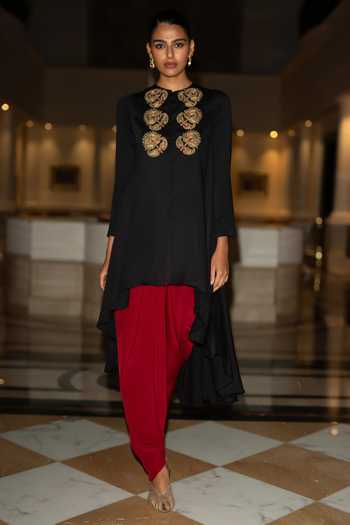 Dash And Dot Black Modal Round Neck Embroidered Asymmetric Draped Tunic Online at Aza Fashions Dash And Dot_Black Modal Round Neck Embroidered Asymmetric Draped Tunic _Online_at_Aza_Fashions