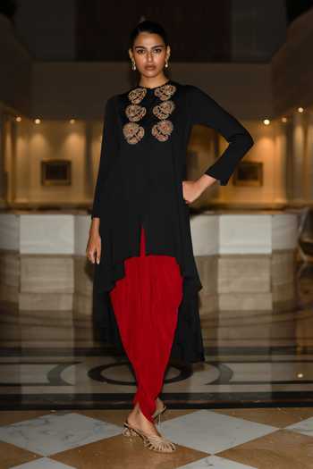Buy Dash And Dot Black Modal Round Neck Embroidered Asymmetric Draped Tunic Online at Aza Fashions Buy_Dash And Dot_Black Modal Round Neck Embroidered Asymmetric Draped Tunic _Online_at_Aza_Fashions