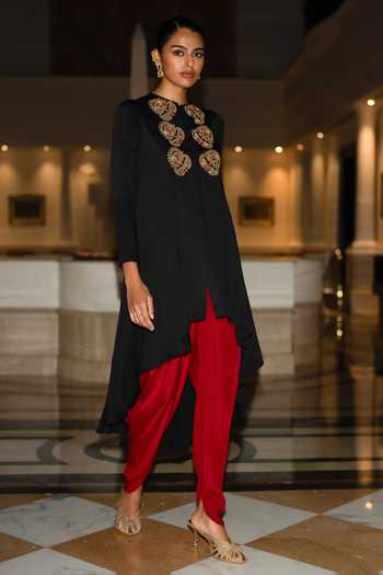 Shop Dash And Dot Black Modal Round Neck Embroidered Asymmetric Draped Tunic Online at Aza Fashions Shop_Dash And Dot_Black Modal Round Neck Embroidered Asymmetric Draped Tunic _Online_at_Aza_Fashions
