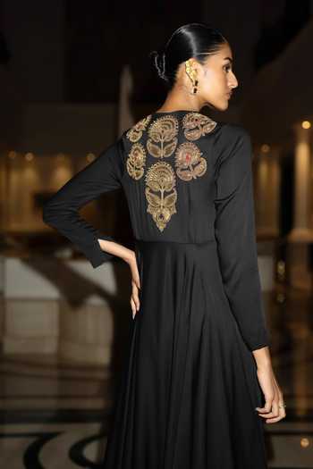 Dash And Dot Black Modal Round Neck Embroidered Asymmetric Draped Tunic at Aza Fashions Dash And Dot_Black Modal Round Neck Embroidered Asymmetric Draped Tunic _at_Aza_Fashions
