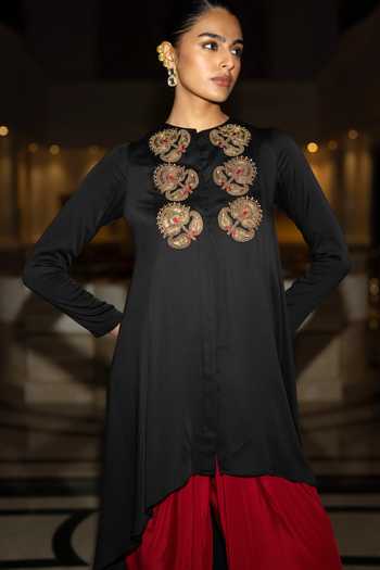 Buy Dash And Dot Black Modal Round Neck Embroidered Asymmetric Draped Tunic Buy_Dash And Dot_Black Modal Round Neck Embroidered Asymmetric Draped Tunic