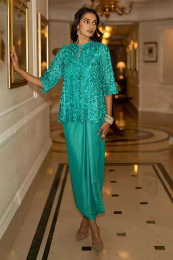 Buy Dash And Dot Blue Nylon Mandarin Collar Embroidered Scalloped Top Online at Aza Fashions Buy_Dash And Dot_Blue Nylon Mandarin Collar Embroidered Scalloped Top _Online_at_Aza_Fashions