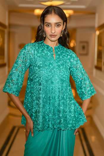 Shop Dash And Dot Blue Nylon Mandarin Collar Embroidered Scalloped Top Online at Aza Fashions Shop_Dash And Dot_Blue Nylon Mandarin Collar Embroidered Scalloped Top _Online_at_Aza_Fashions