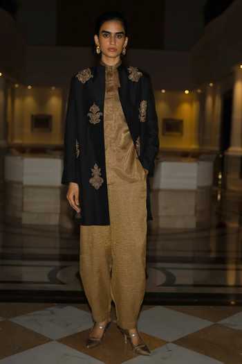 Dash And Dot_Black Viscose Band Collar Motif Embroidered Textured Jacket _Online_at_Aza_Fashions