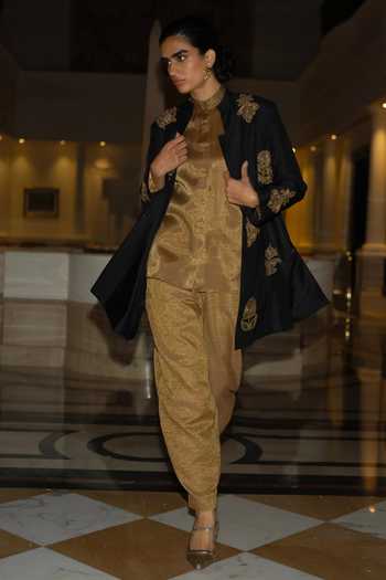 Buy_Dash And Dot_Black Viscose Band Collar Motif Embroidered Textured Jacket _Online_at_Aza_Fashions