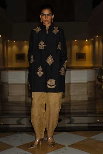 Shop_Dash And Dot_Black Viscose Band Collar Motif Embroidered Textured Jacket _Online_at_Aza_Fashions