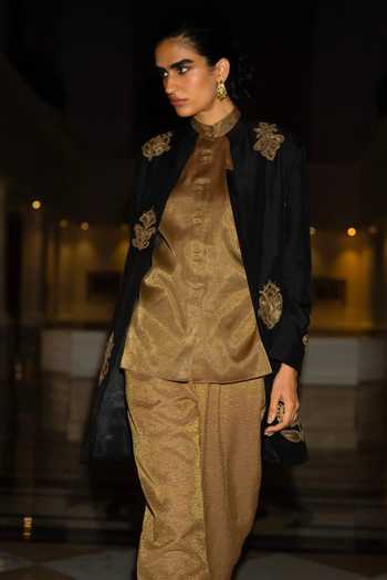 Dash And Dot_Black Viscose Band Collar Motif Embroidered Textured Jacket _at_Aza_Fashions