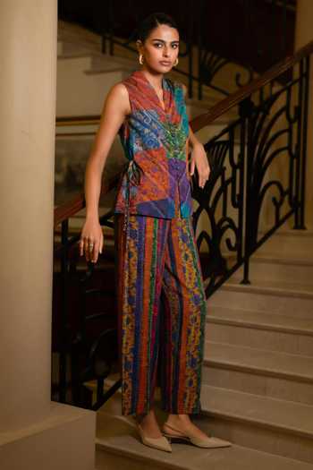 Dash And Dot Multi Color Viscose V-neck Embroidered Patchwork Printed Waistcoat Online at Aza Fashions Dash And Dot_Multi Color Viscose V-neck Embroidered Patchwork Printed Waistcoat _Online_at_Aza_Fashions