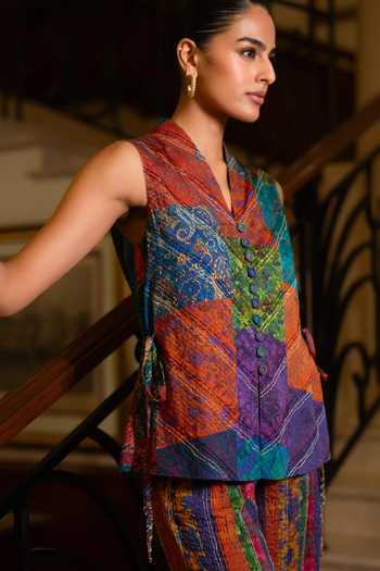 Dash And Dot Multi Color Viscose V-neck Embroidered Patchwork Printed Waistcoat at Aza Fashions Dash And Dot_Multi Color Viscose V-neck Embroidered Patchwork Printed Waistcoat _at_Aza_Fashions