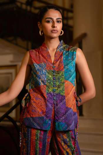 Dash And Dot Embroidered Patchwork Printed Waistcoat 