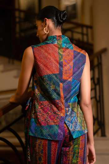 Dash And Dot Embroidered Patchwork Printed Waistcoat 