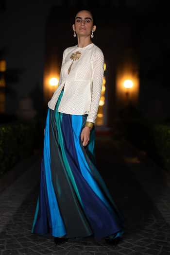 Dash And Dot Ivory Cotton, Viscose, Nylon Round Embroidered Peplum Top And Panelled Skirt Set Online at Aza Fashions Dash And Dot_Ivory Cotton, Viscose, Nylon Round Embroidered Peplum Top And Panelled Skirt Set _Online_at_Aza_Fashions