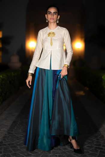 Dash And Dot Embroidered Peplum Top & Panelled Skirt Set 