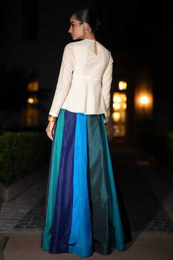 Dash And Dot Embroidered Peplum Top & Panelled Skirt Set 