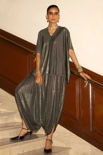 Dash And Dot Textured Lame Boxy Top & Draped Pant Set 
