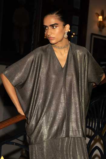 Shop Dash And Dot Grey Polyester, Spandex V-neck Textured Lame Boxy Top And Draped Pant Set Online at Aza Fashions Shop_Dash And Dot_Grey Polyester, Spandex V-neck Textured Lame Boxy Top And Draped Pant Set _Online_at_Aza_Fashions