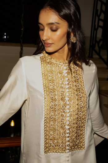 Shop_Dash And Dot_Ivory Viscose, Nylon Band Collar Metallic Thread Embroidered Top _Online_at_Aza_Fashions