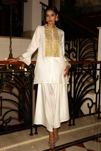 Dash And Dot Metallic Thread Embroidered Top & Draped Culottes Set 