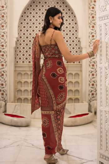 Dash And Dot Ajrakh Print Pre-Draped Saree With Corset 