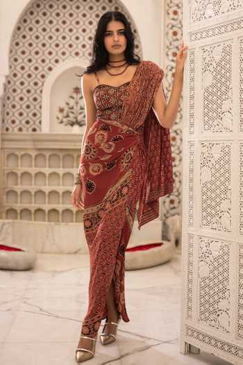 Dash And Dot Ajrakh Print Pre-Draped Saree With Corset 