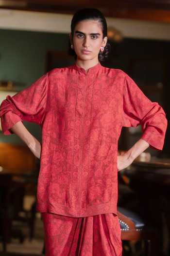 Dash And Dot Red Viscose Mandarin Collar Tonal Floral Print Top And Draped Skirt Set Online at Aza Fashions Dash And Dot_Red Viscose Mandarin Collar Tonal Floral Print Top And Draped Skirt Set _Online_at_Aza_Fashions