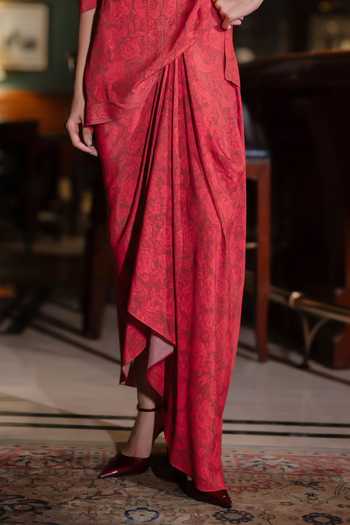 Buy Dash And Dot Red Viscose Mandarin Collar Tonal Floral Print Top And Draped Skirt Set Online at Aza Fashions Buy_Dash And Dot_Red Viscose Mandarin Collar Tonal Floral Print Top And Draped Skirt Set _Online_at_Aza_Fashions