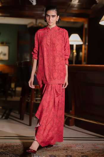 Shop Dash And Dot Red Viscose Mandarin Collar Tonal Floral Print Top And Draped Skirt Set Online at Aza Fashions Shop_Dash And Dot_Red Viscose Mandarin Collar Tonal Floral Print Top And Draped Skirt Set _Online_at_Aza_Fashions