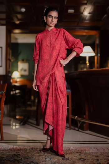 Dash And Dot Red Viscose Mandarin Collar Tonal Floral Print Top And Draped Skirt Set at Aza Fashions Dash And Dot_Red Viscose Mandarin Collar Tonal Floral Print Top And Draped Skirt Set _at_Aza_Fashions