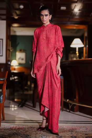 Buy Dash And Dot Red Viscose Mandarin Collar Tonal Floral Print Top And Draped Skirt Set Buy_Dash And Dot_Red Viscose Mandarin Collar Tonal Floral Print Top And Draped Skirt Set