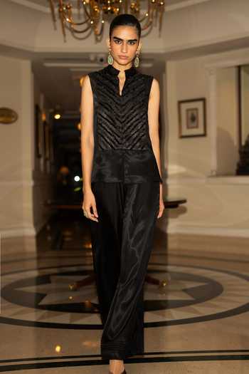 Dash And Dot Black Viscose Mandarin Collar Patchwork Sleeveless Waistcoat Online at Aza Fashions Dash And Dot_Black Viscose Mandarin Collar Patchwork Sleeveless Waistcoat _Online_at_Aza_Fashions