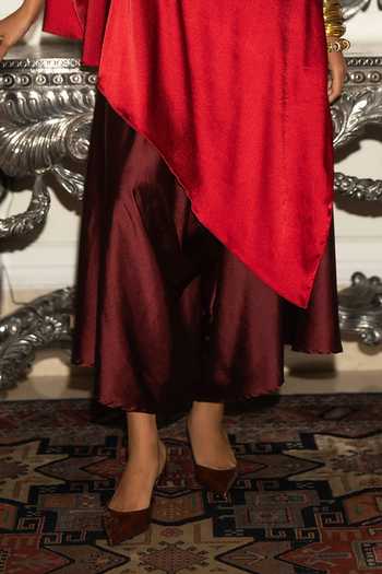 Dash And Dot Red Polyester One Shoulder Ombre Tunic And Draped Culotte Pant Set Online at Aza Fashions Dash And Dot_Red Polyester One Shoulder Ombre Tunic And Draped Culotte Pant Set _Online_at_Aza_Fashions