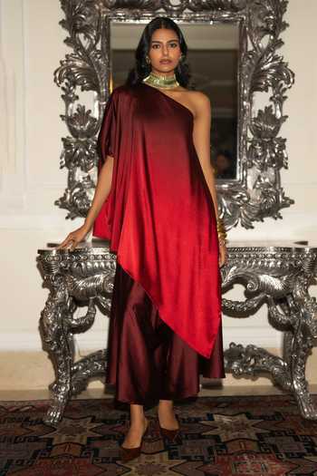 Dash And Dot One Shoulder Ombre Tunic & Draped Culotte Pant Set 