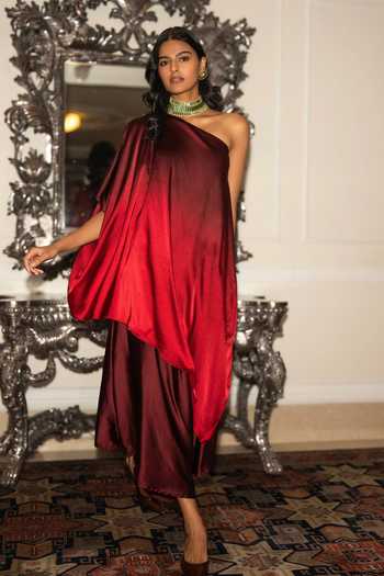 Buy Dash And Dot Red Polyester One Shoulder Ombre Tunic And Draped Culotte Pant Set Online at Aza Fashions Buy_Dash And Dot_Red Polyester One Shoulder Ombre Tunic And Draped Culotte Pant Set _Online_at_Aza_Fashions
