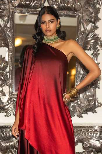 Shop Dash And Dot Red Polyester One Shoulder Ombre Tunic And Draped Culotte Pant Set Online at Aza Fashions Shop_Dash And Dot_Red Polyester One Shoulder Ombre Tunic And Draped Culotte Pant Set _Online_at_Aza_Fashions