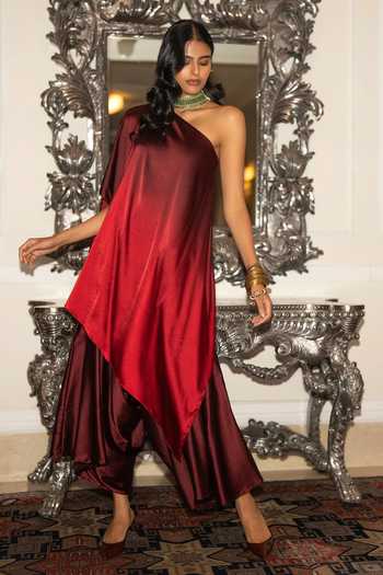 Dash And Dot Red Polyester One Shoulder Ombre Tunic And Draped Culotte Pant Set at Aza Fashions Dash And Dot_Red Polyester One Shoulder Ombre Tunic And Draped Culotte Pant Set _at_Aza_Fashions
