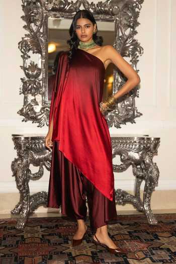 Buy Dash And Dot Red Polyester One Shoulder Ombre Tunic And Draped Culotte Pant Set Buy_Dash And Dot_Red Polyester One Shoulder Ombre Tunic And Draped Culotte Pant Set