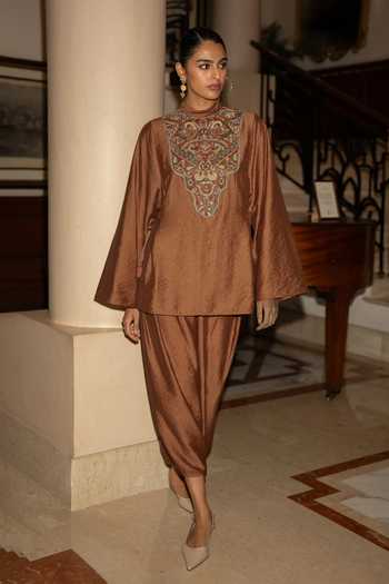 Shop Dash And Dot Orange Viscose, Nylon Round Neck Embroidered Bib Short Kurta And Draped Pant Set Online at Aza Fashions Shop_Dash And Dot_Orange Viscose, Nylon Round Neck Embroidered Bib Short Kurta And Draped Pant Set _Online_at_Aza_Fashions