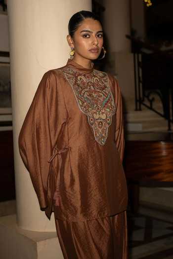 Buy Dash And Dot Orange Viscose, Nylon Round Neck Embroidered Bib Short Kurta And Draped Pant Set Buy_Dash And Dot_Orange Viscose, Nylon Round Neck Embroidered Bib Short Kurta And Draped Pant Set
