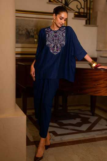 Dash And Dot Blue Viscose, Nylon Round Neck Embroidered Textured Boxy Top Online at Aza Fashions Dash And Dot_Blue Viscose, Nylon Round Neck Embroidered Textured Boxy Top _Online_at_Aza_Fashions