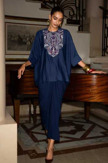 Buy Dash And Dot Blue Viscose, Nylon Round Neck Embroidered Textured Boxy Top Online at Aza Fashions Buy_Dash And Dot_Blue Viscose, Nylon Round Neck Embroidered Textured Boxy Top _Online_at_Aza_Fashions