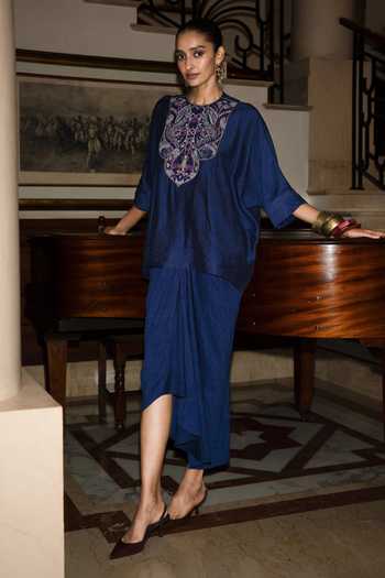 Shop Dash And Dot Blue Viscose, Nylon Round Neck Embroidered Textured Boxy Top Online at Aza Fashions Shop_Dash And Dot_Blue Viscose, Nylon Round Neck Embroidered Textured Boxy Top _Online_at_Aza_Fashions